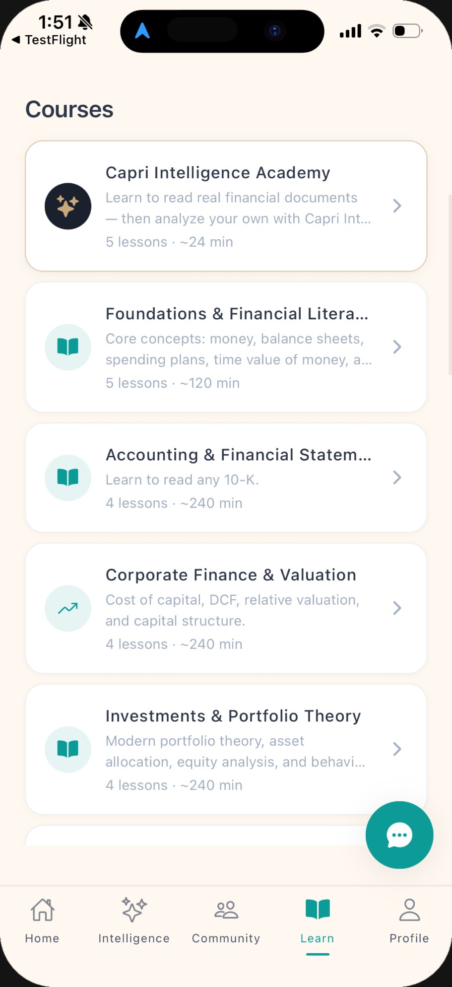 Capri Learn courses list including Foundations, Accounting, and Investments modules