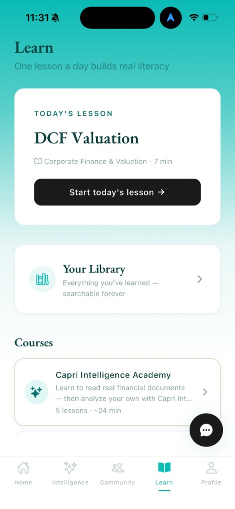 Capri Learn tab with today’s lesson, courses, and library