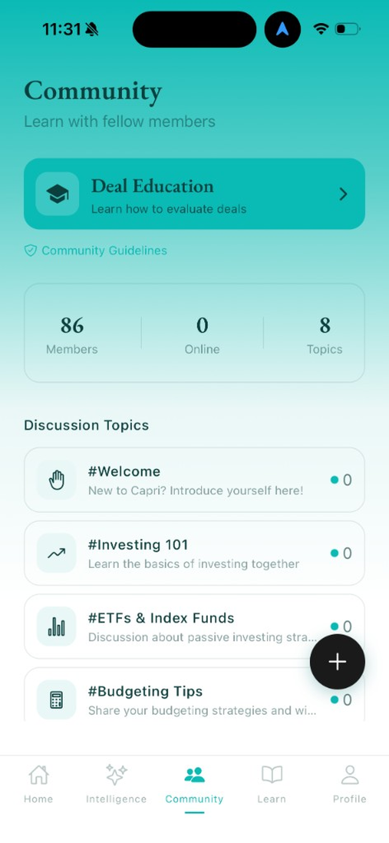 Capri Community tab with finance discussion channels and posts