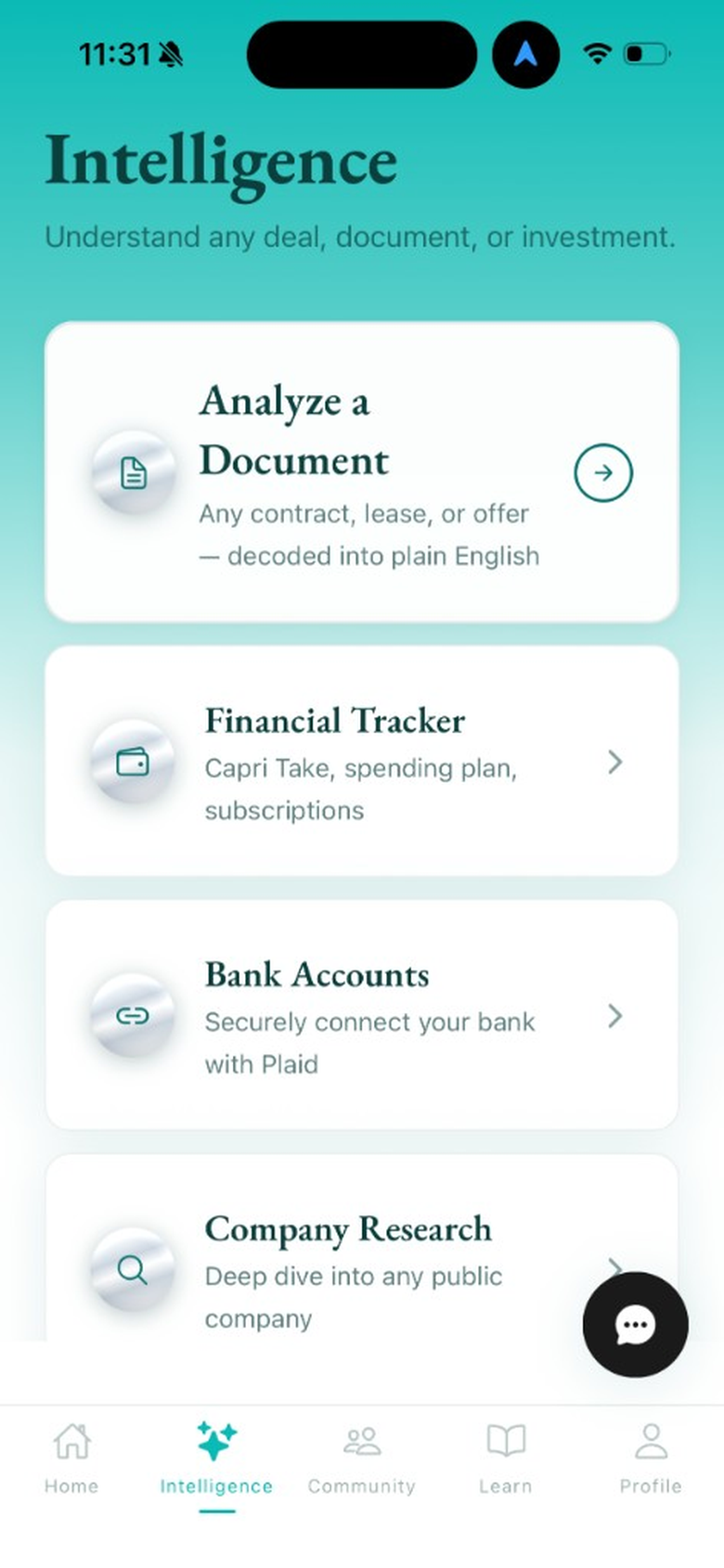 Capri Intelligence tab with document review, financial tracker, and calculators