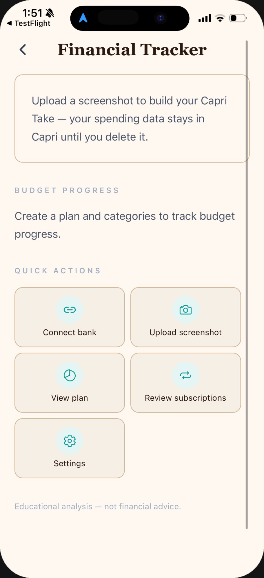 Capri Financial Tracker screen with upload screenshot and quick actions